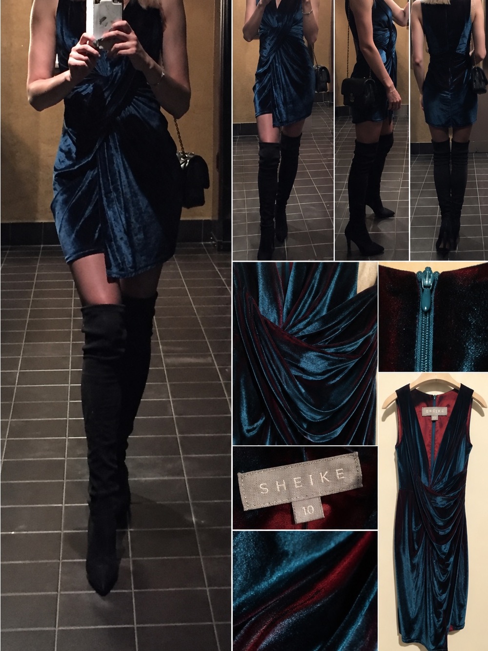 SHEIKE Teal Maroon Velvet Draped Bodycon Midi Dress